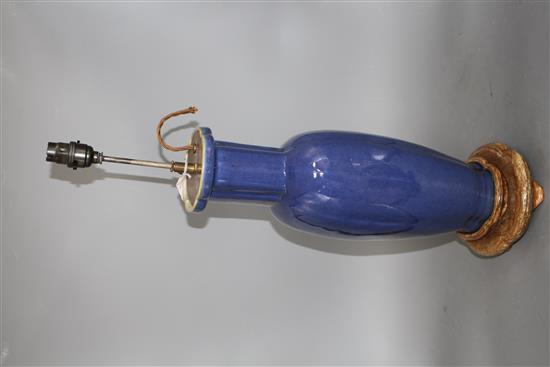 A Chinese blue glazed porcelain lamp base vase, height of the vase 38cm, overall height 62cm